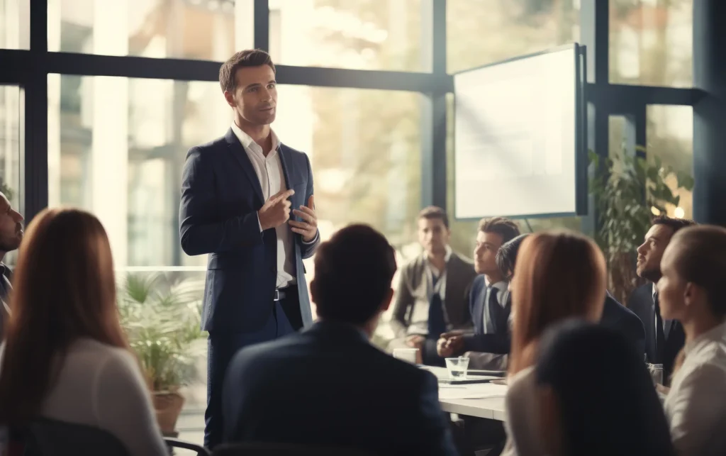 business man team leader boss speaking at company team meeting free photo